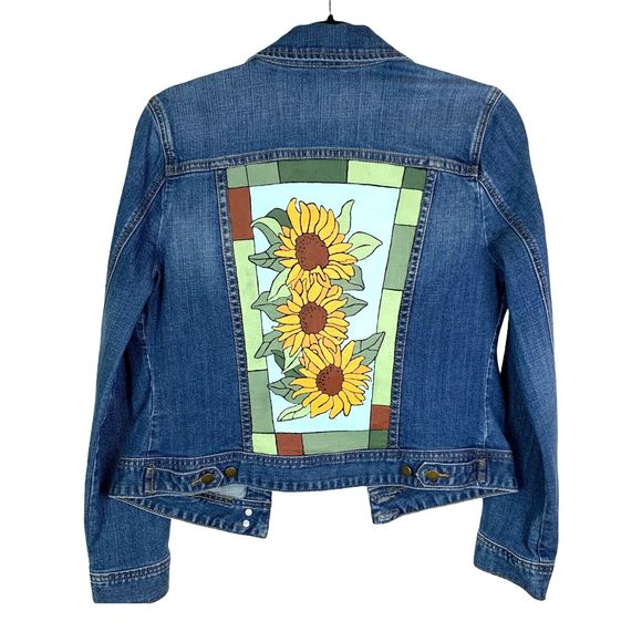 Sunflower Denim Jacket Hand Painted Country Girl Cottagecore Chic Autumn - Picture 2 of 13